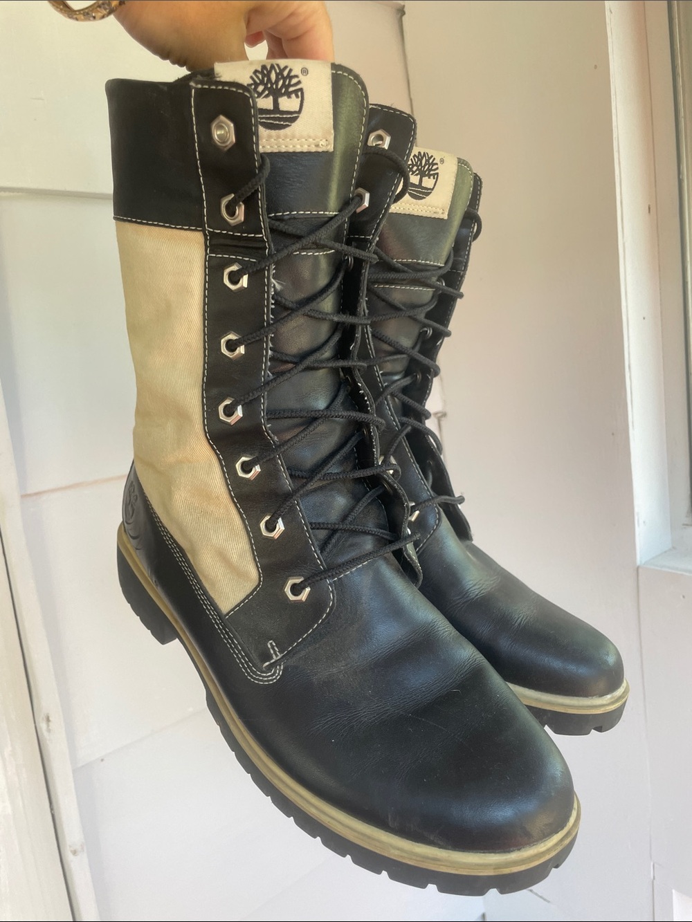 Timberland Black and Cream Lace-Up Leather Women's Tall Boots
